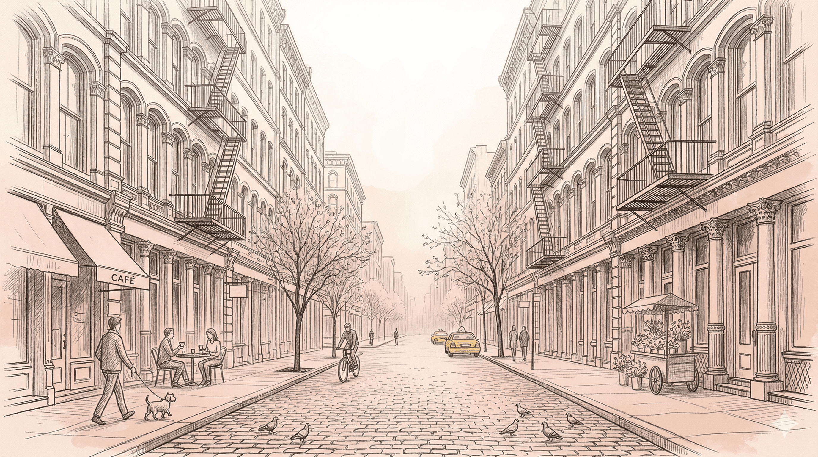 A quiet SoHo Sunday morning — hand-drawn pencil illustration of cast iron buildings, cobblestone streets, a café awning, and a few unhurried figures